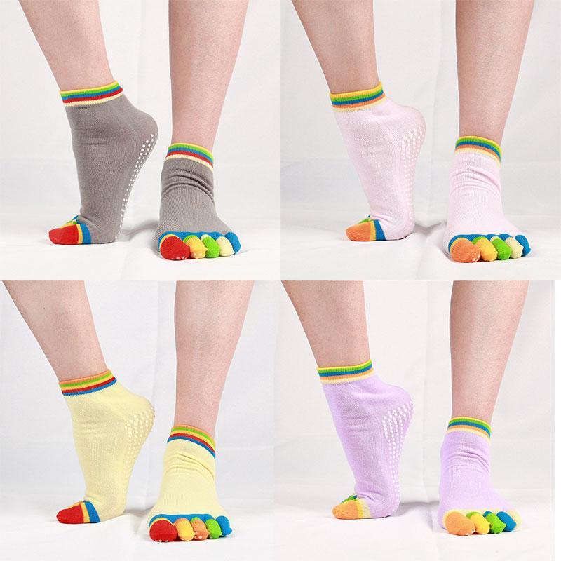 4 Pairs Women Antislip Ankle Grip Colorful 5 Toe Finger Cotton Yoga Socks