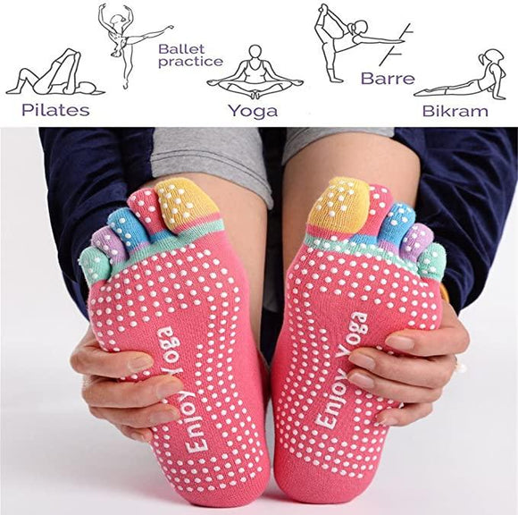 4 Pairs Women Antislip Ankle Grip Colorful 5 Toe Finger Cotton Yoga Socks