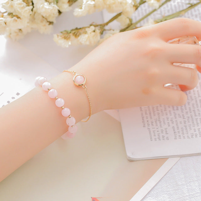 2pcs Set Stylish Pink Crystal Agate Stone Good Lucky Bracelet