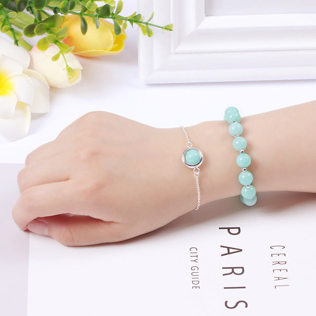 2pcs Set Stylish Light Blue Amazonite Agate Stone Good Lucky Bracelet
