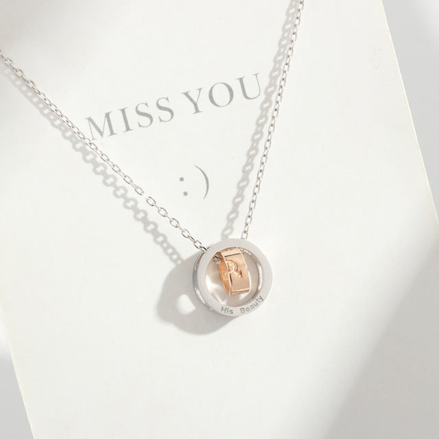 925 Sterling Silver Beauty & Beast Double Ring Pendant Lover Necklace