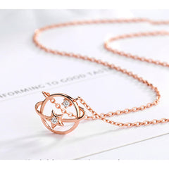 925 Sterling Silver Fantasy Planet Rhinstone Star Pendant Chain Necklace