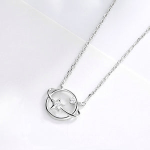 925 Sterling Silver Fantasy Planet Rhinstone Star Pendant Chain Necklace