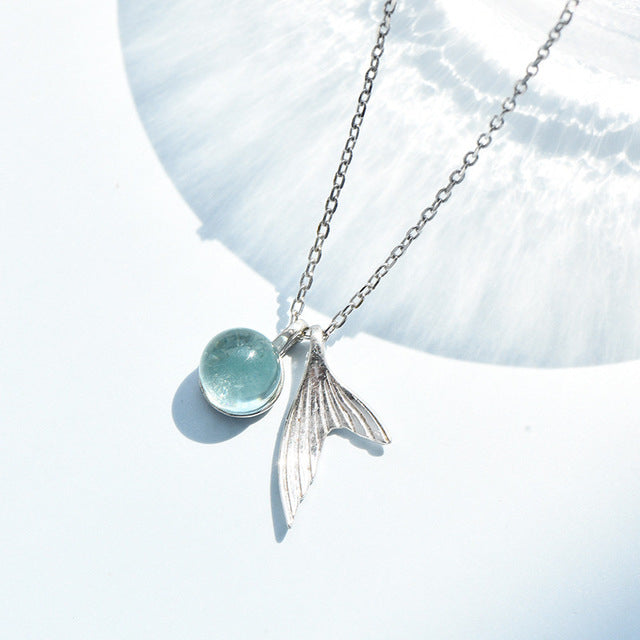 925 Sterling Silver Mermaid Blue Cubic Zirconia Charm Pendant Necklace