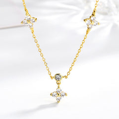 925 Sterling Silver Rhinestone Four Leaf Clover Flower Pendant Chain Necklace