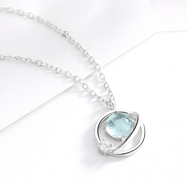 Rhinestone Blue Crystal Aurora Planet Pendant S925 Sterling Silver Chain Necklace
