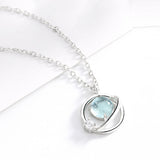 Rhinestone Blue Crystal Aurora Planet Pendant S925 Sterling Silver Chain Necklace