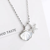 925 Sterling Silver Seashell Starfish White Cubic Zirconia Pendant Necklace