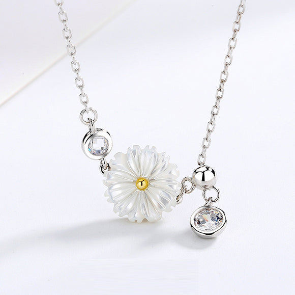 925 Sterling Silver Spring Daisy Flower Charm Rhinstone Pendant Necklace