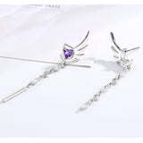 Rhingstone Angel Wings Amethyst Heart S925 Silver Stud Tassel Earrings