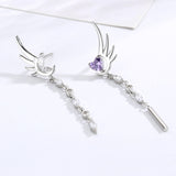 Rhingstone Angel Wings Amethyst Heart S925 Silver Stud Tassel Earrings