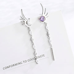 Rhingstone Angel Wings Amethyst Heart S925 Silver Stud Tassel Earrings