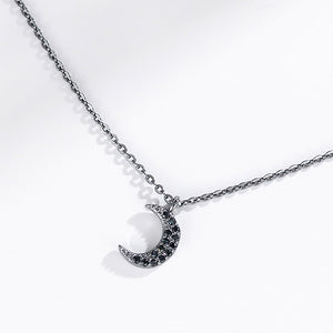 Black Rhinestone Half Moon Pendant S925 Sterling Silver Necklace