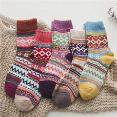 5 Pairs Bohemian Ethnic Warm Socks - High Elastic Multicolour Premium Wool Blend