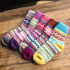 5 Pairs Bohemian Ethnic Warm Socks - High Elastic Multicolour Premium Wool Blend