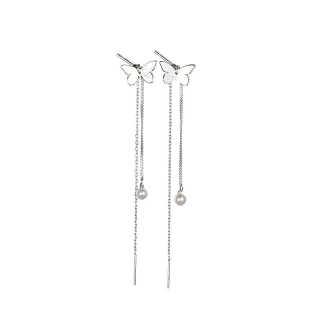 Butterfly Long Threader 925 Sterling Silver Stud Tassel Earrings