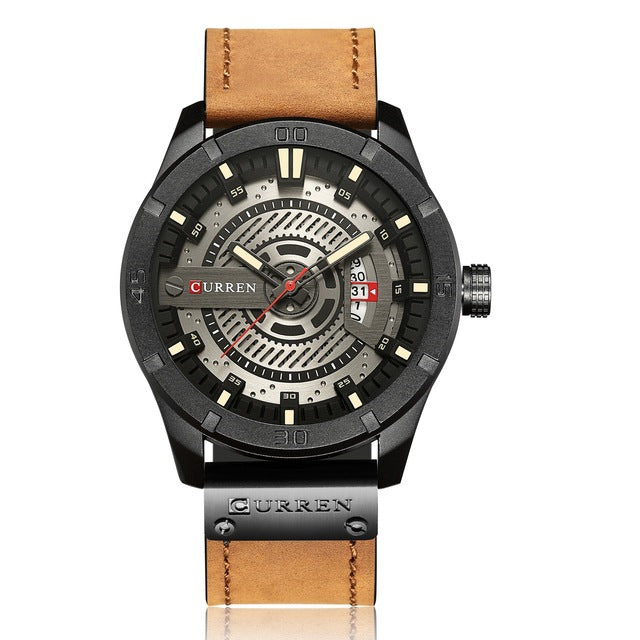 CURREN Leather Strap Casual Analog Date Men Military Sports Quartz Watch