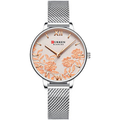 CURREN Stylish Flower Women Quartz Watches Stainless Steel Mesh Band