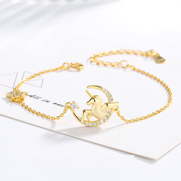 Charm Glitter Unicorn Star 925 Sterling Silver Gold Chain Bracelet
