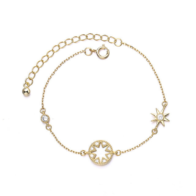 Charm Rhinestone Eight Star 925 Sterling Silver Gold Chain Bracelet
