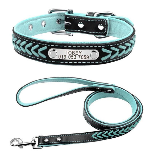 Custom Braided Leather Engraved Dog Collars with Personalized Nameplate