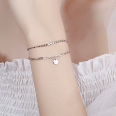 Double Layer Charm 925 Sterling Silver Chain Bracelet Lucky Plate