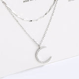 Double Layered Rhinestone Half Moon 925 Sterling Silver Necklace