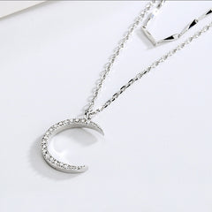 Double Layered Rhinestone Half Moon 925 Sterling Silver Necklace