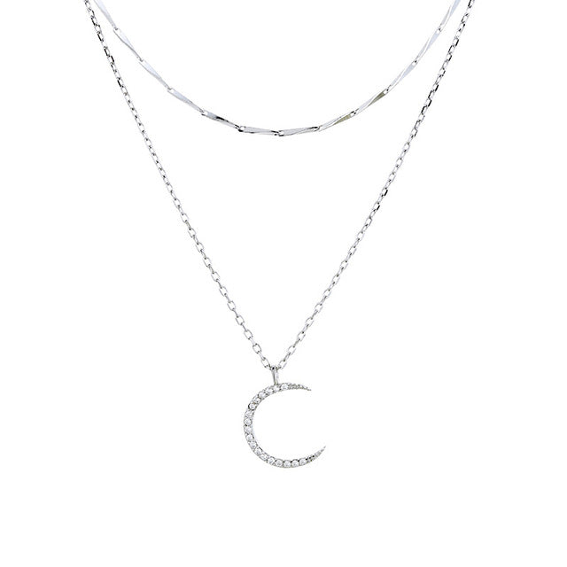 Double Layered Rhinestone Half Moon 925 Sterling Silver Necklace