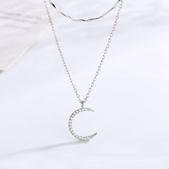 Double Layered Rhinestone Half Moon 925 Sterling Silver Necklace