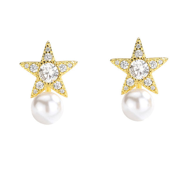 Elegant Rhinestone Star Freshwater Pearl S925 Silver Stud Earrings