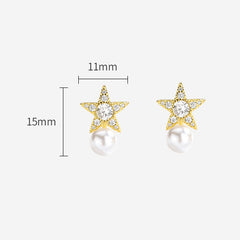 Elegant Rhinestone Star Freshwater Pearl S925 Silver Stud Earrings