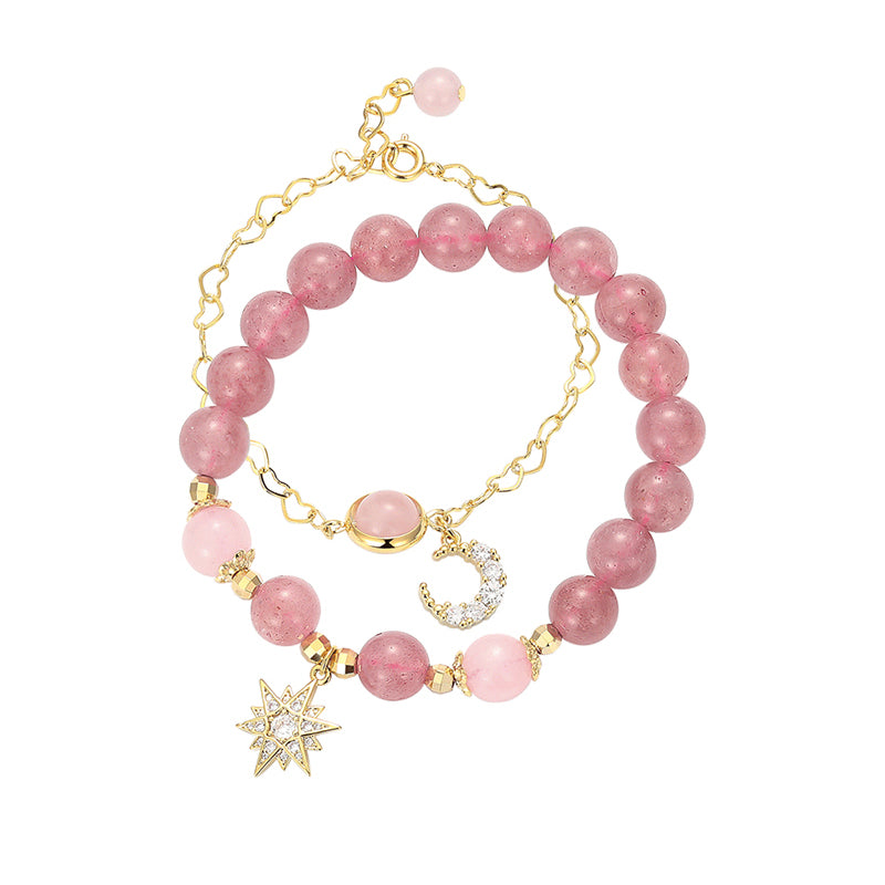 Half Moon Eight Star Natural Strawberry Crystal Stone Beaded Bracelet