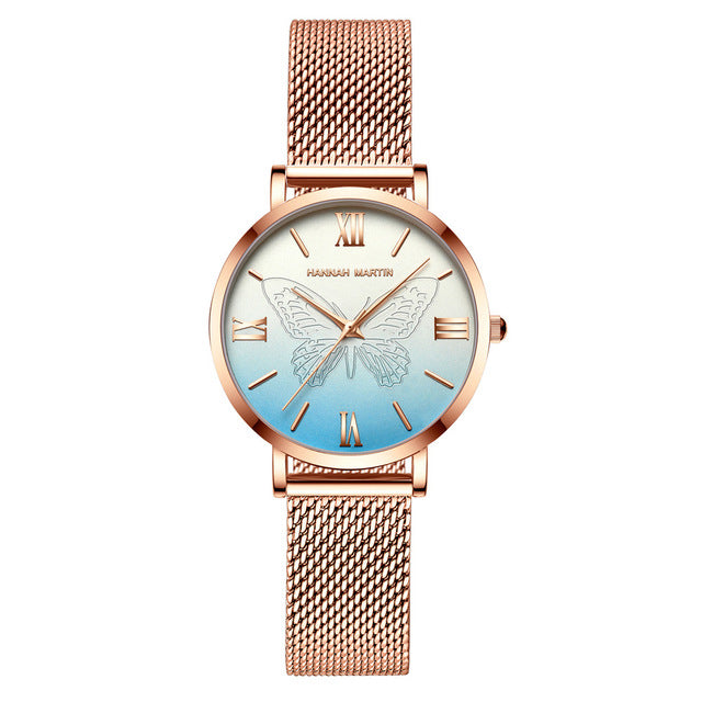 Hannah Martin Stylish 3D Butterfly Women Quartz Watches Stainless Steel Mesh Band