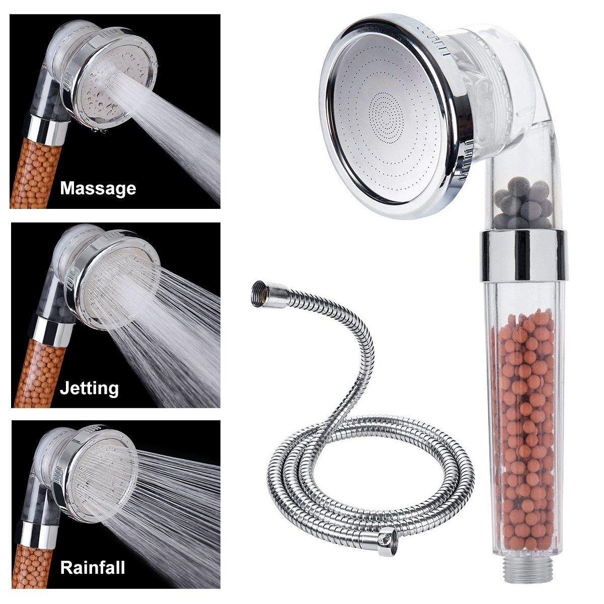 High Pressure 3-Mode Ionic Power Shower Head with Mineral Beads & Free Shower Hose