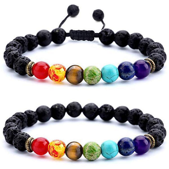 2pcs 7-Chakras Elastic Lava Stone Bead Health Care Bracelet