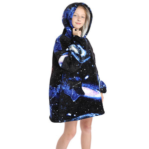 Oversized Wearable Fluffy Warm Flannel Hooded Sweatshirt Blanket Hoodie for Kids