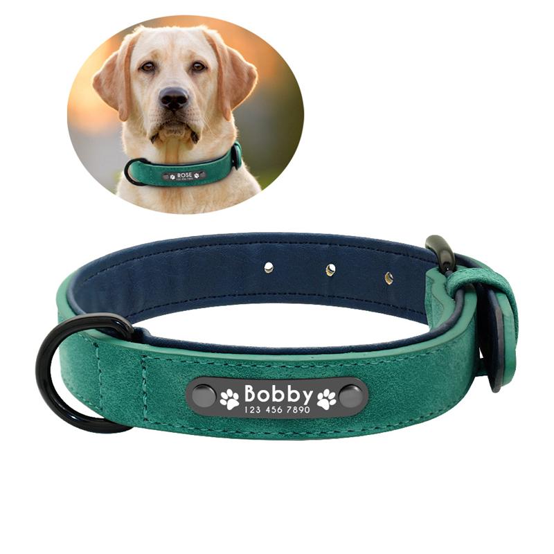 Personalized Genuine Leather Dog Collars Inner Padded with Engraving Nameplate