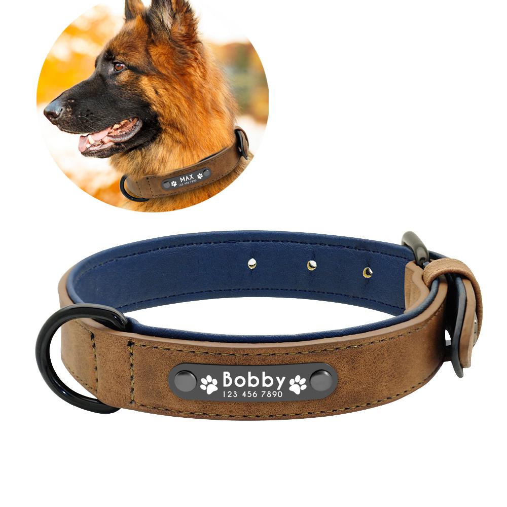 Personalized Genuine Leather Dog Collars Inner Padded with Engraving Nameplate