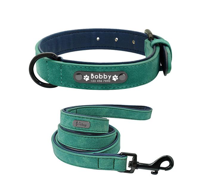 Personalized Genuine Leather Dog Collars Inner Padded with Engraving Nameplate