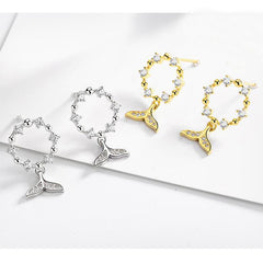 Rhinestone Circle Wreath Mermaid Fish Tail S925 Silver Stud Earrings