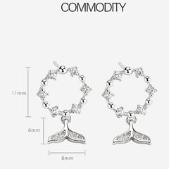 Rhinestone Circle Wreath Mermaid Fish Tail S925 Silver Stud Earrings