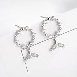 Rhinestone Circle Wreath Mermaid Fish Tail S925 Silver Stud Earrings