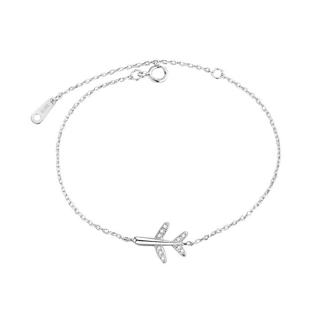 Rhinestone Crystal Airplane 925 Sterling Silver Charm Chain Bracelet