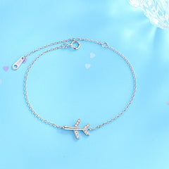 Rhinestone Crystal Airplane 925 Sterling Silver Charm Chain Bracelet