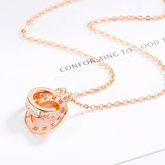 Rhinestone Double Ring Pendant S925 Sterling Silver Chain Necklace