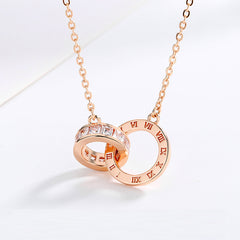 Rhinestone Double Ring Pendant S925 Sterling Silver Chain Necklace