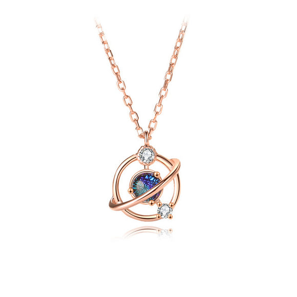 Rhinestone Dream Aurora Planet Pendant S925 Sterling Silver Chain Necklace