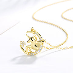 Rhinestone Gold Plated Unicorn S925 Sterling Silver Necklace