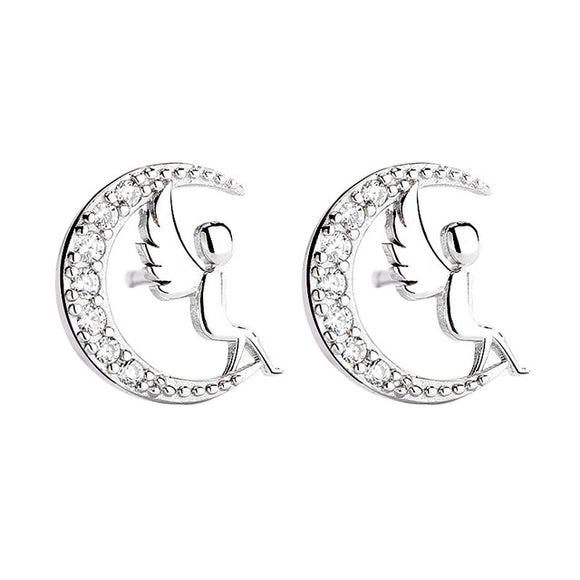Rhinestone Half Moon Angel 925 Sterling Silver Stud Earrings